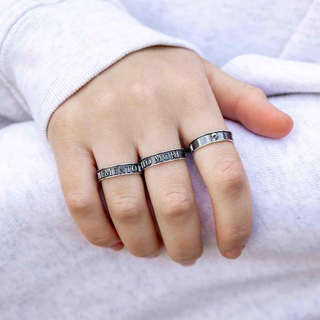 Sterling Silver Memento Mori Band Ring, Gothic Design, 925 Silver