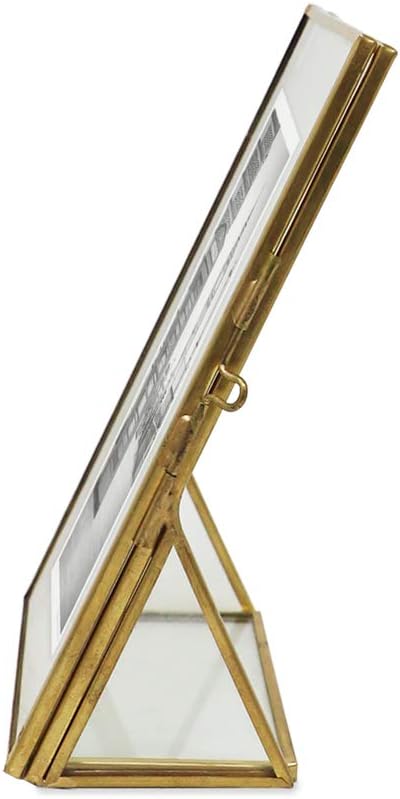 Isaac Jacobs 4x6, Antique Gold, Vintage Style Brass and Glass, Floating Photo Frame, Metal, (Vertical), with Locket Closure and Angled Base, for Pictures, Art, Mementos, Keepsakes (4x6, Antique Gold)