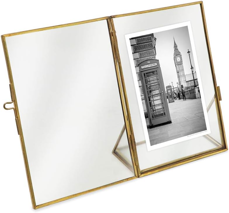 Isaac Jacobs 4x6, Antique Gold, Vintage Style Brass and Glass, Floating Photo Frame, Metal, (Vertical), with Locket Closure and Angled Base, for Pictures, Art, Mementos, Keepsakes (4x6, Antique Gold)