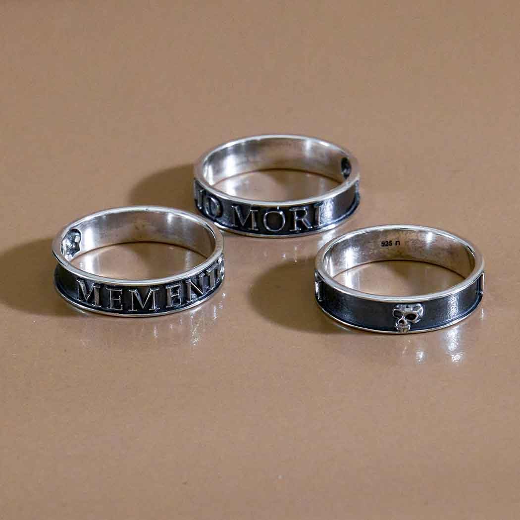 Sterling Silver Memento Mori Band Ring, Gothic Design, 925 Silver