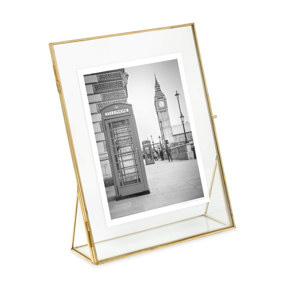 Isaac Jacobs 4x6, Antique Gold, Vintage Style Brass and Glass, Floating Photo Frame, Metal, (Vertical), with Locket Closure and Angled Base, for Pictures, Art, Mementos, Keepsakes (4x6, Antique Gold)