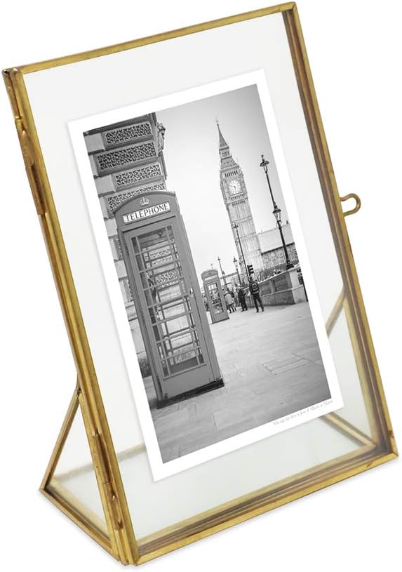 Isaac Jacobs 4x6, Antique Gold, Vintage Style Brass and Glass, Floating Photo Frame, Metal, (Vertical), with Locket Closure and Angled Base, for Pictures, Art, Mementos, Keepsakes (4x6, Antique Gold)