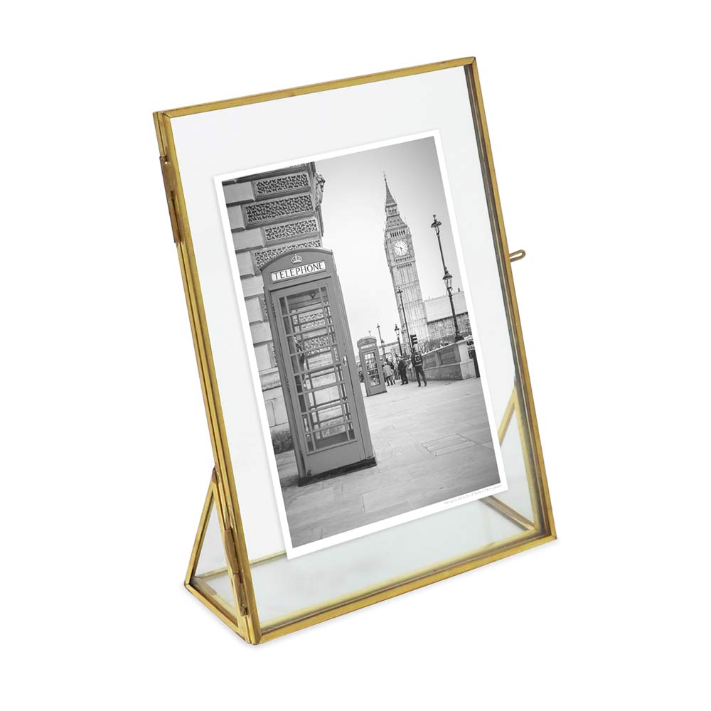 Isaac Jacobs 4x6, Antique Gold, Vintage Style Brass and Glass, Floating Photo Frame, Metal, (Vertical), with Locket Closure and Angled Base, for Pictures, Art, Mementos, Keepsakes (4x6, Antique Gold)