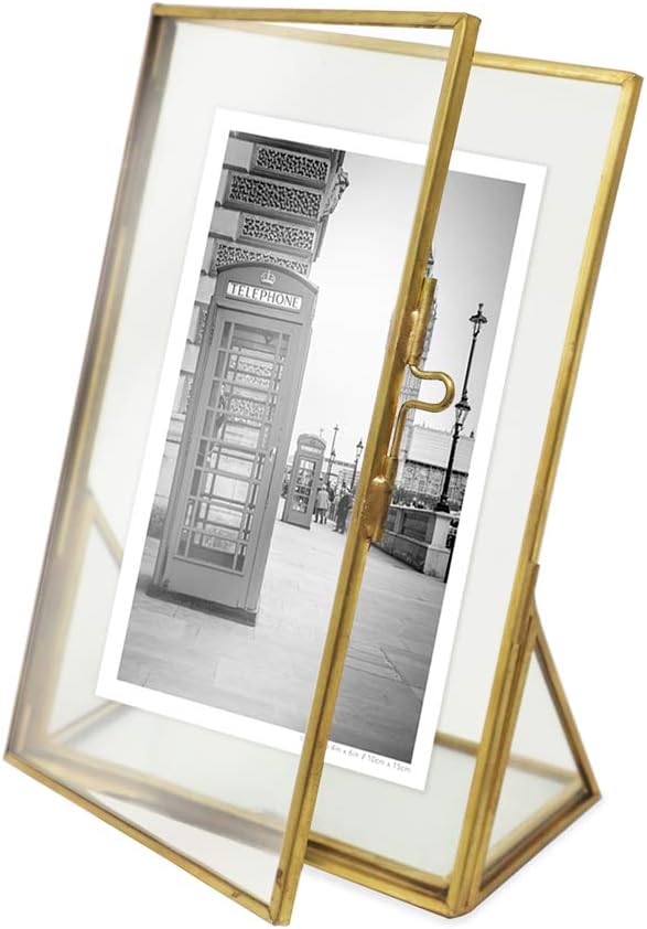 Isaac Jacobs 4x6, Antique Gold, Vintage Style Brass and Glass, Floating Photo Frame, Metal, (Vertical), with Locket Closure and Angled Base, for Pictures, Art, Mementos, Keepsakes (4x6, Antique Gold)