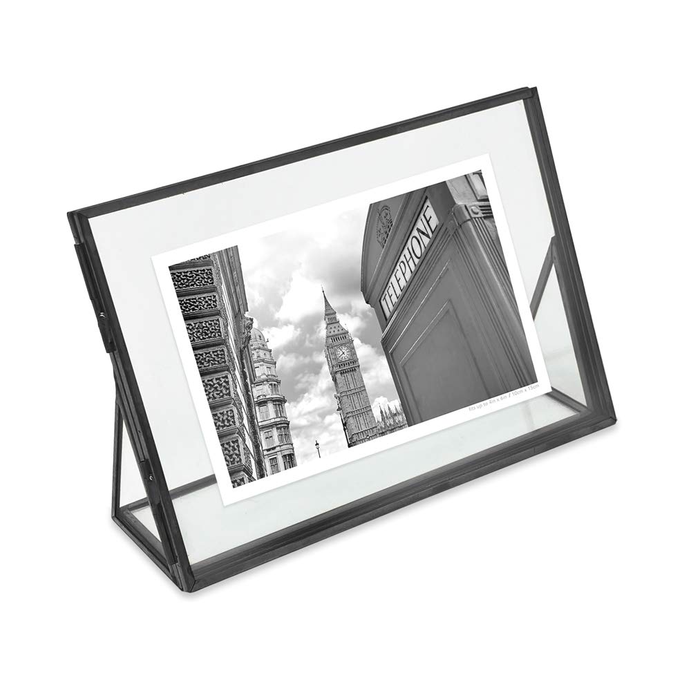 Isaac Jacobs 4x6, Antique Gold, Vintage Style Brass and Glass, Floating Photo Frame, Metal, (Vertical), with Locket Closure and Angled Base, for Pictures, Art, Mementos, Keepsakes (4x6, Antique Gold)