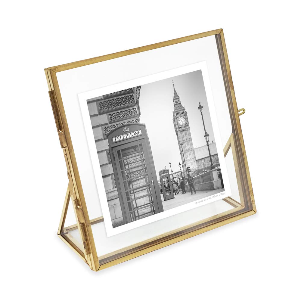 Isaac Jacobs 4x6, Antique Gold, Vintage Style Brass and Glass, Floating Photo Frame, Metal, (Vertical), with Locket Closure and Angled Base, for Pictures, Art, Mementos, Keepsakes (4x6, Antique Gold)