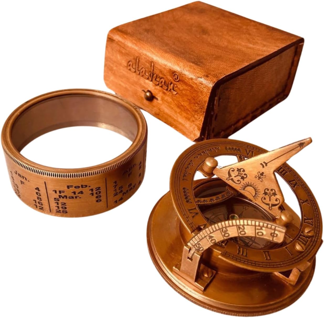 ALADEAN Vintage Brass Sundial Compass Antique Nautical Ship Sundial Clock in Keepsake Leather Gift Box Sun Clock Gift for Men & Women (Drum Sundial 2.75")