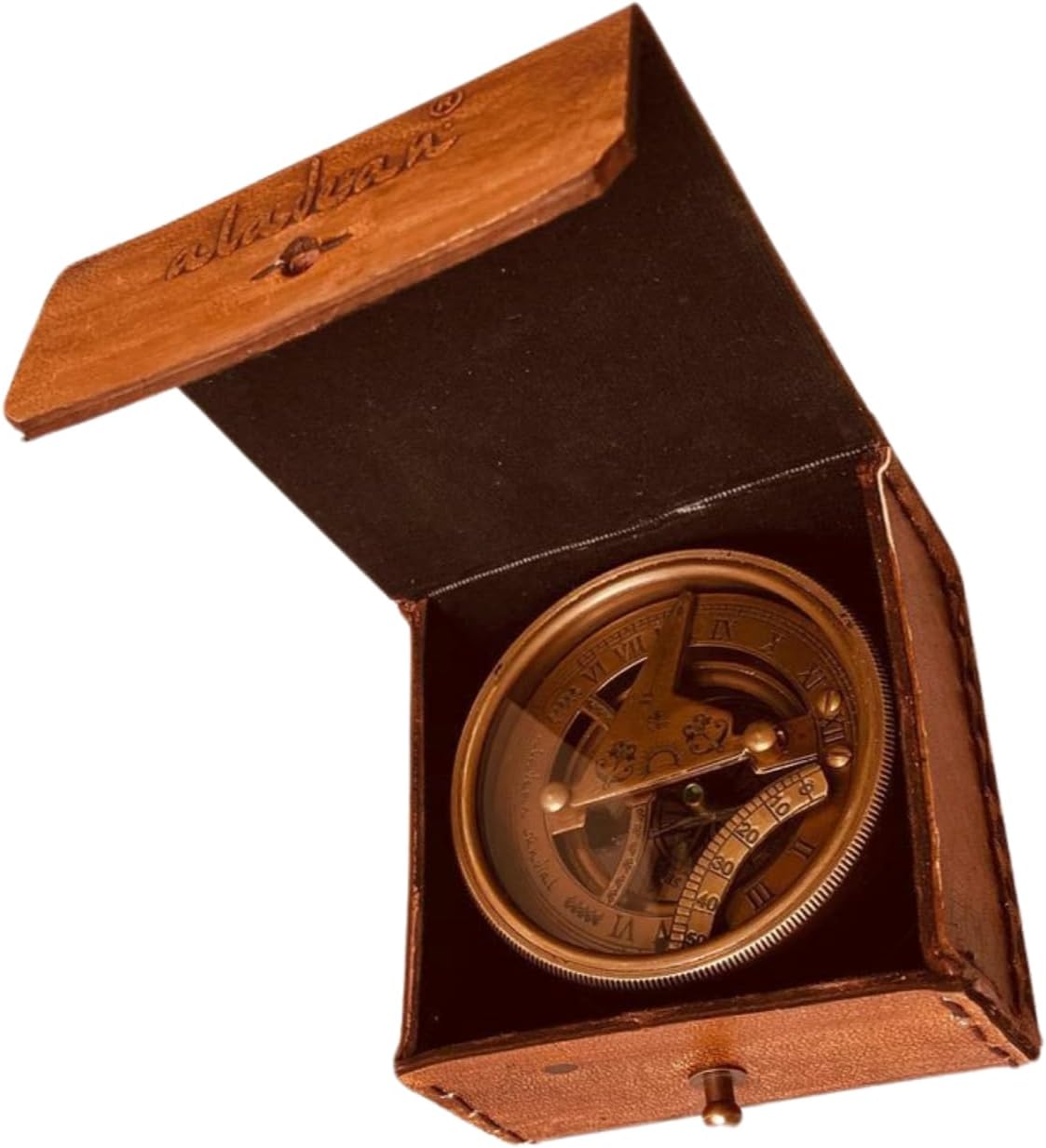 ALADEAN Vintage Brass Sundial Compass Antique Nautical Ship Sundial Clock in Keepsake Leather Gift Box Sun Clock Gift for Men & Women (Drum Sundial 2.75")