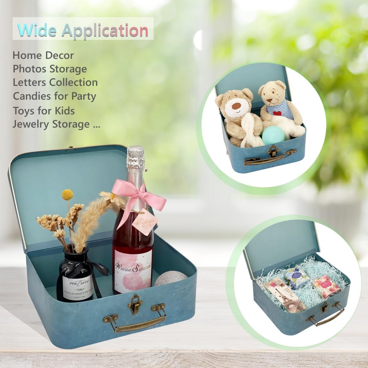 Paperboard Suitcases, Vintage Decorative Box Set of 3 Storage Boxes with Lids, Cardboard SuitcaseS, Memento Box Keepsake Box Photo Storage Box Hat Boxes Home Decoration, Vintage Suitcases (Blue)