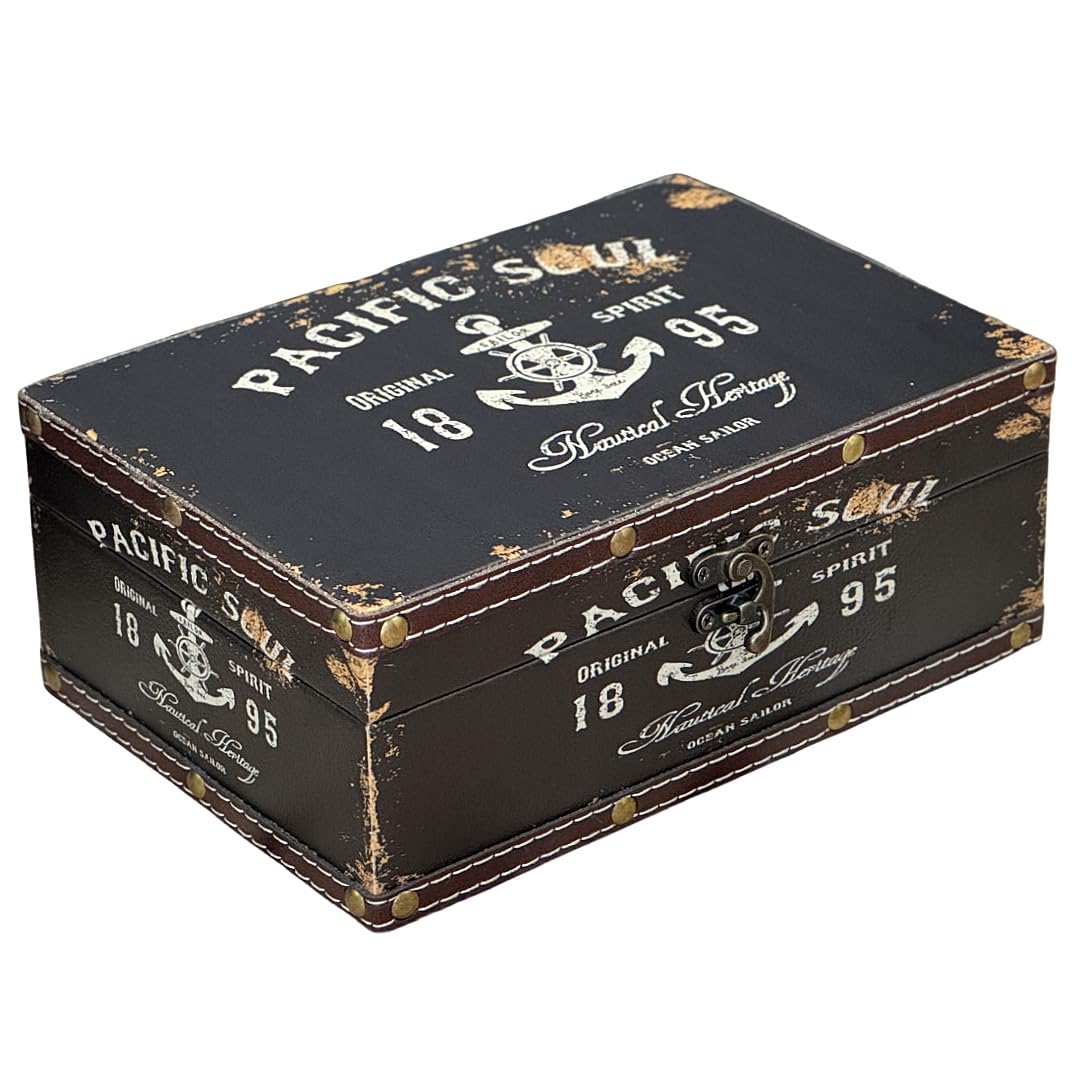 Treasure Box Vintage Wooden + PU Leather Decorative Trinket Jewelry Box Memento Case Box Keepsake Box Gifts For Kids Girls Women Men Home Decor (Map/Green, Medium)