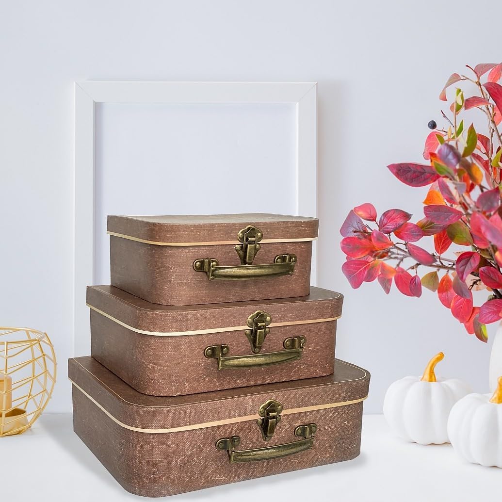 Decorative Box Set of 3 Decorative Storage Boxes with Lids, Vintage Suitcases for Home Decoration, Keepsake Box, Cardboard Suitcase Memento Case Box, Photo Storage Box Hat Box Nesting Gift Box (Brown)