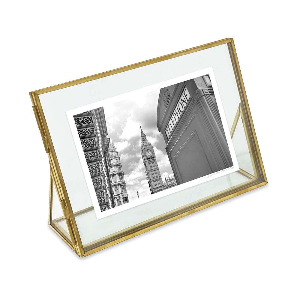 Isaac Jacobs 4x6, Antique Gold, Vintage Style Brass and Glass, Floating Photo Frame, Metal, (Vertical), with Locket Closure and Angled Base, for Pictures, Art, Mementos, Keepsakes (4x6, Antique Gold)