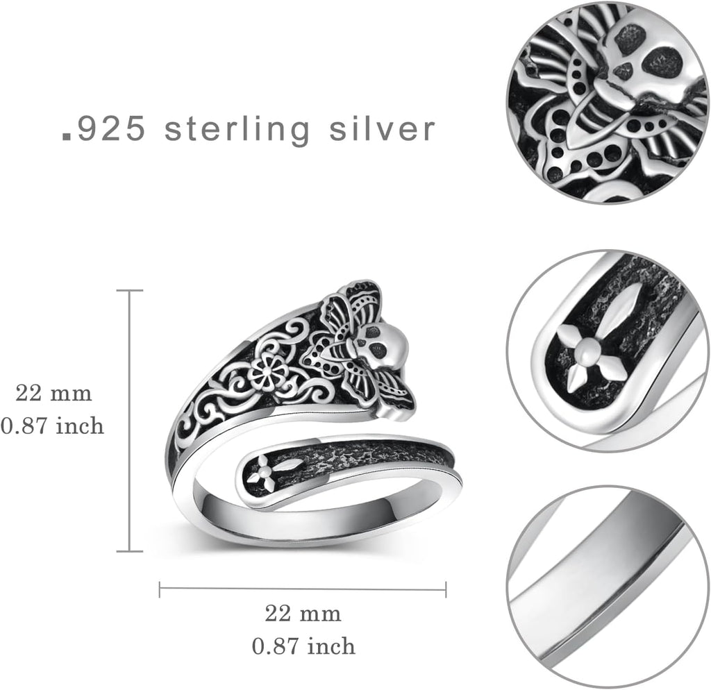 Death Head Moth Skull Spoon Ring - 925 Sterling Silver Gothic Thumb Ring for Women, Oxidized Memento Mori Jewelry