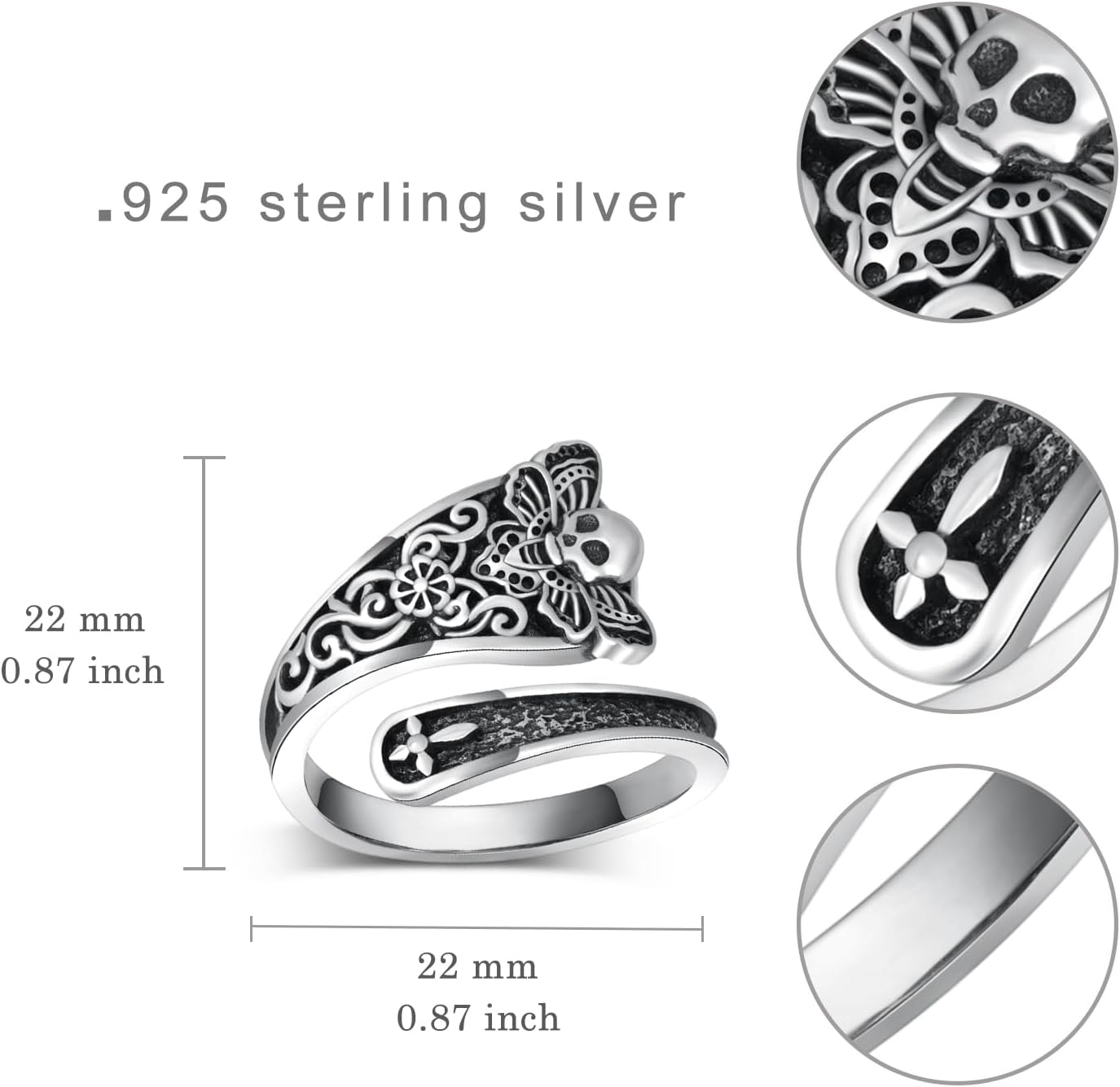 Death Head Moth Skull Spoon Ring - 925 Sterling Silver Gothic Thumb Ring for Women, Oxidized Memento Mori Jewelry