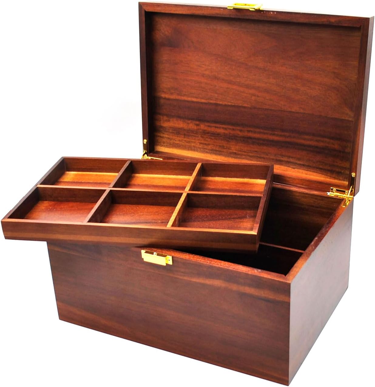 Large Wooden Storage Box with Hinged Lid, Acacia Wood with Adjustable Tray, Wood Keepsake Chest, Perfect for Storing Souvenirs, Jewelry, Tools, Small Accessories, etc, 12" x 8.5" x 6.3", Vintage