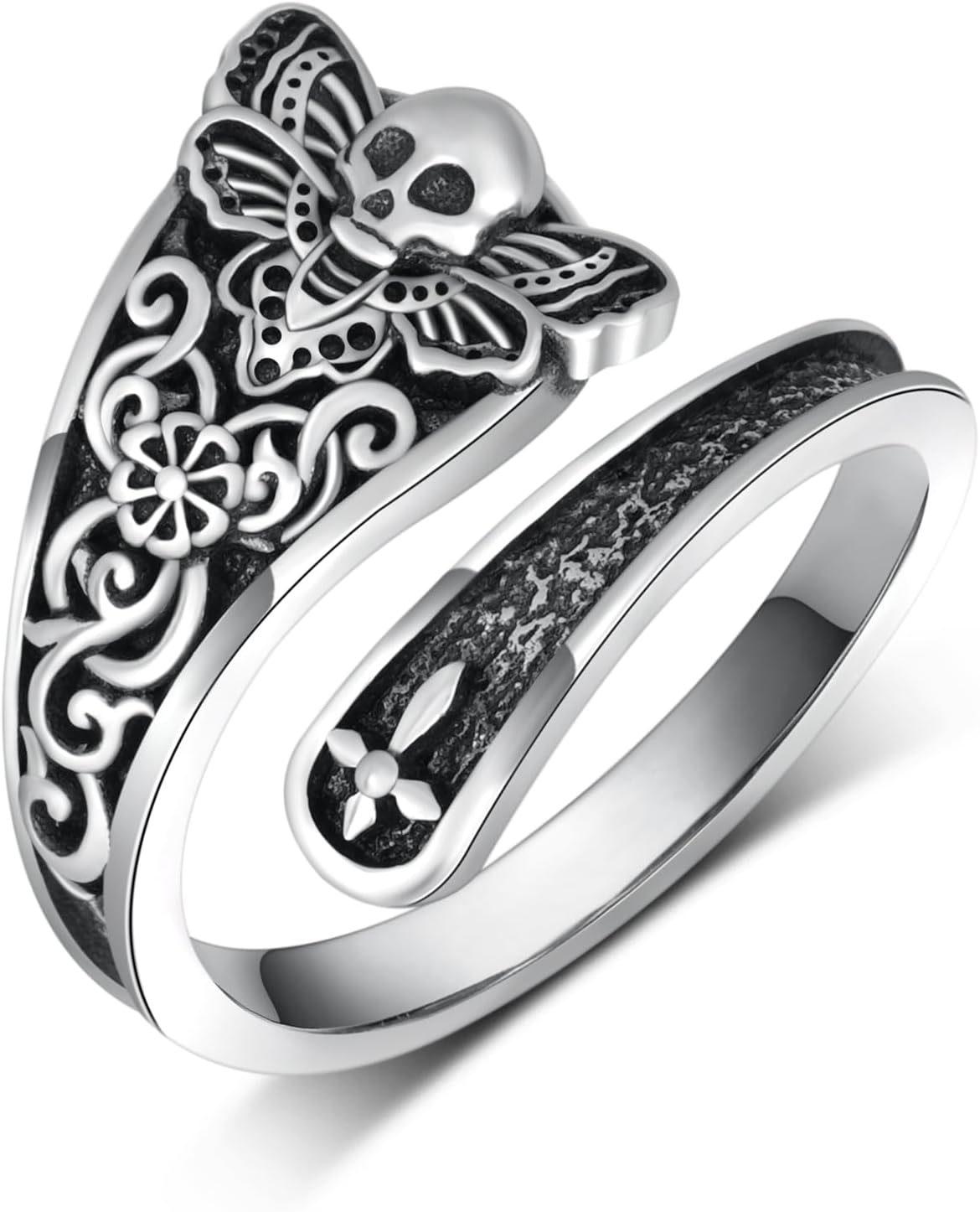 Death Head Moth Skull Spoon Ring - 925 Sterling Silver Gothic Thumb Ring for Women, Oxidized Memento Mori Jewelry