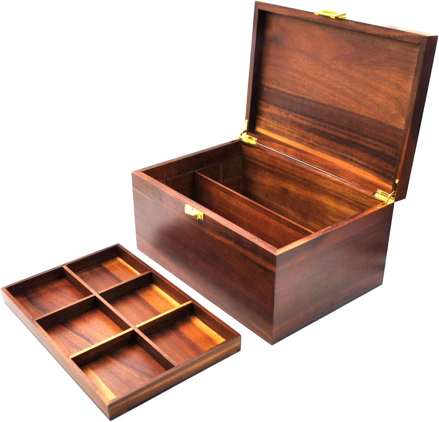 Large Wooden Storage Box with Hinged Lid, Acacia Wood with Adjustable Tray, Wood Keepsake Chest, Perfect for Storing Souvenirs, Jewelry, Tools, Small Accessories, etc, 12" x 8.5" x 6.3", Vintage