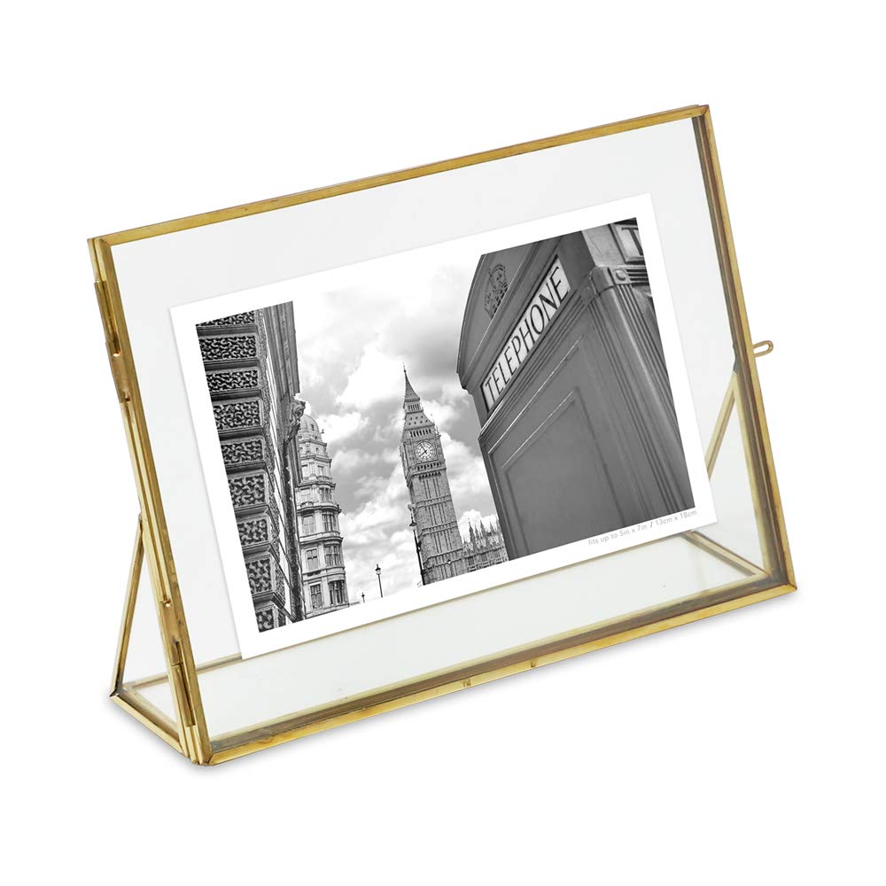 Isaac Jacobs 4x6, Antique Gold, Vintage Style Brass and Glass, Floating Photo Frame, Metal, (Vertical), with Locket Closure and Angled Base, for Pictures, Art, Mementos, Keepsakes (4x6, Antique Gold)