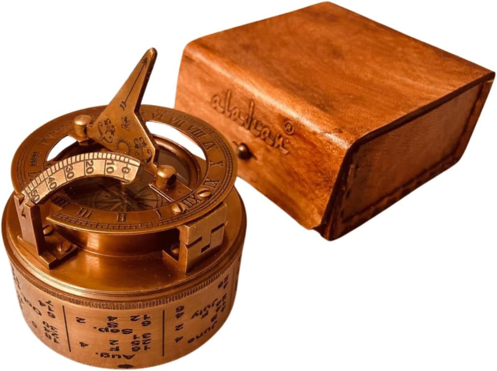 ALADEAN Vintage Brass Sundial Compass Antique Nautical Ship Sundial Clock in Keepsake Leather Gift Box Sun Clock Gift for Men & Women (Drum Sundial 2.75")