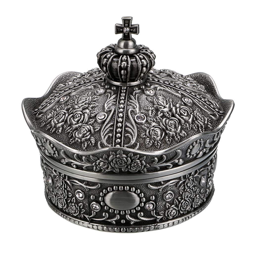 Hipiwe Vintage Jewelry Box, Antique Crown Design Trinket Treasure Chest Storage Organizer,Metal Earrings Necklace Ring Holder Case, Keepsake Gift Box for Women (Small)