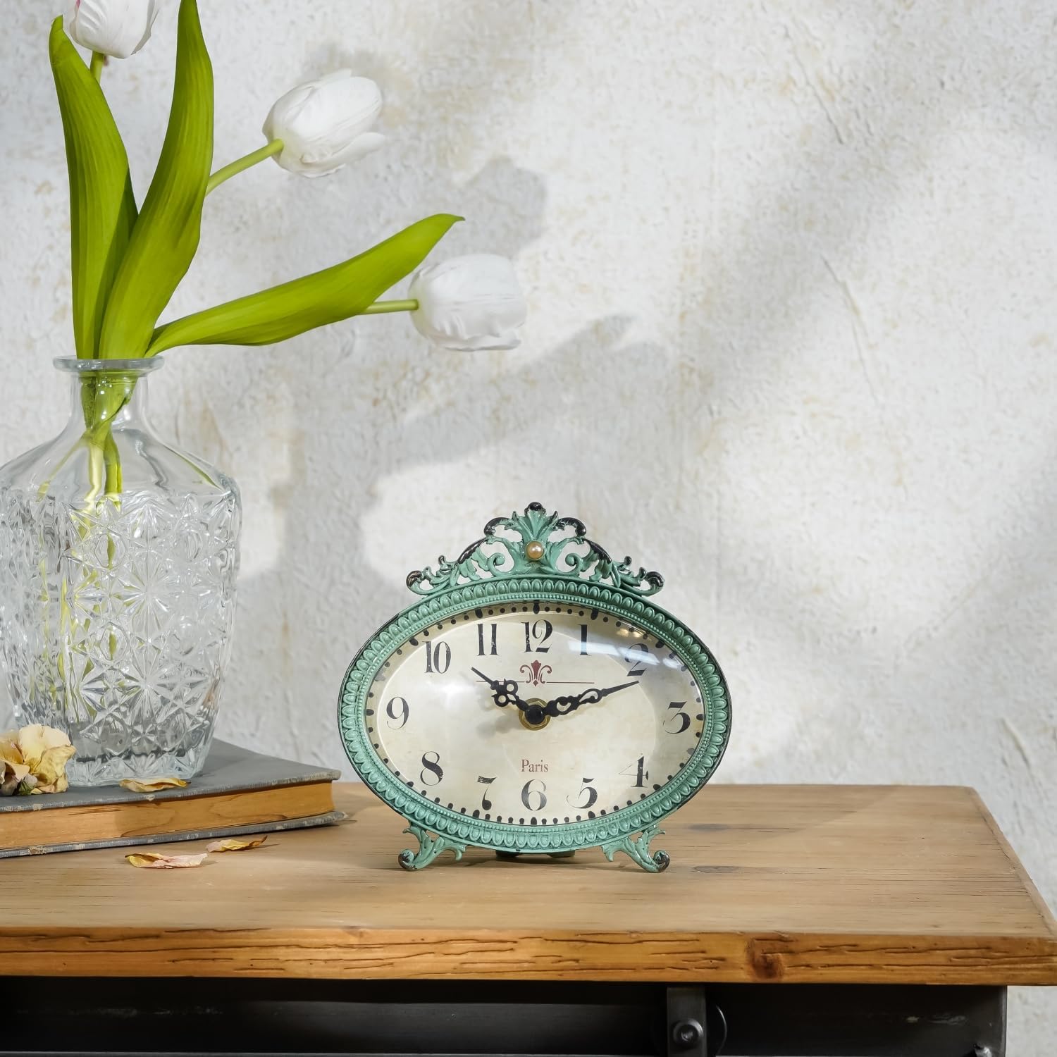 NIKKY HOME Vintage Table Clock, French Turquoise Color Rococo Style Desk Clock Battery Operated Rustic Design, Home Décor for Living Room, Bedroom, Bedside, Desk, Gift Clock - Distressed Green