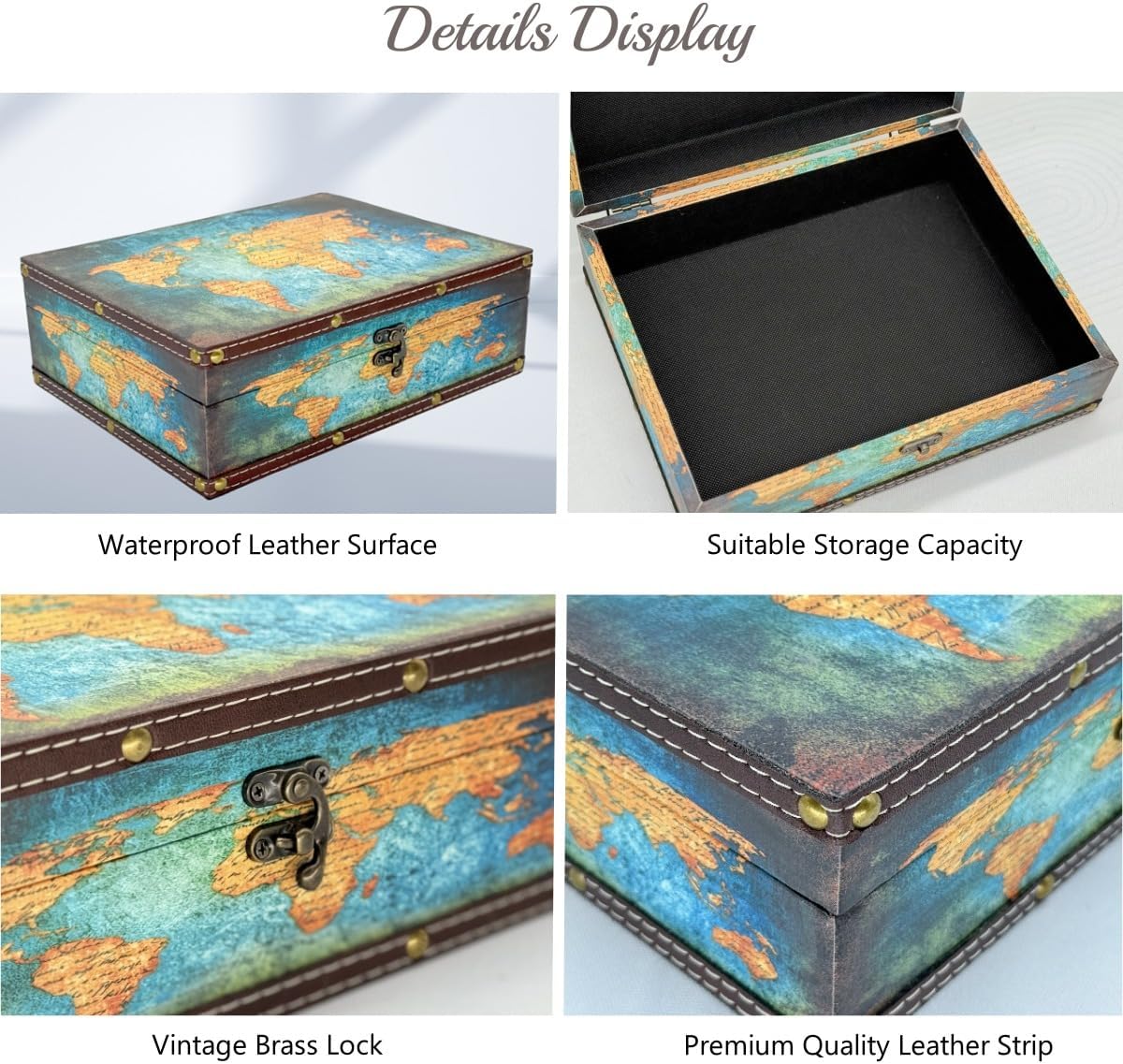 Treasure Box Vintage Wooden + PU Leather Decorative Trinket Jewelry Box Memento Case Box Keepsake Box Gifts For Kids Girls Women Men Home Decor (Map/Green, Medium)