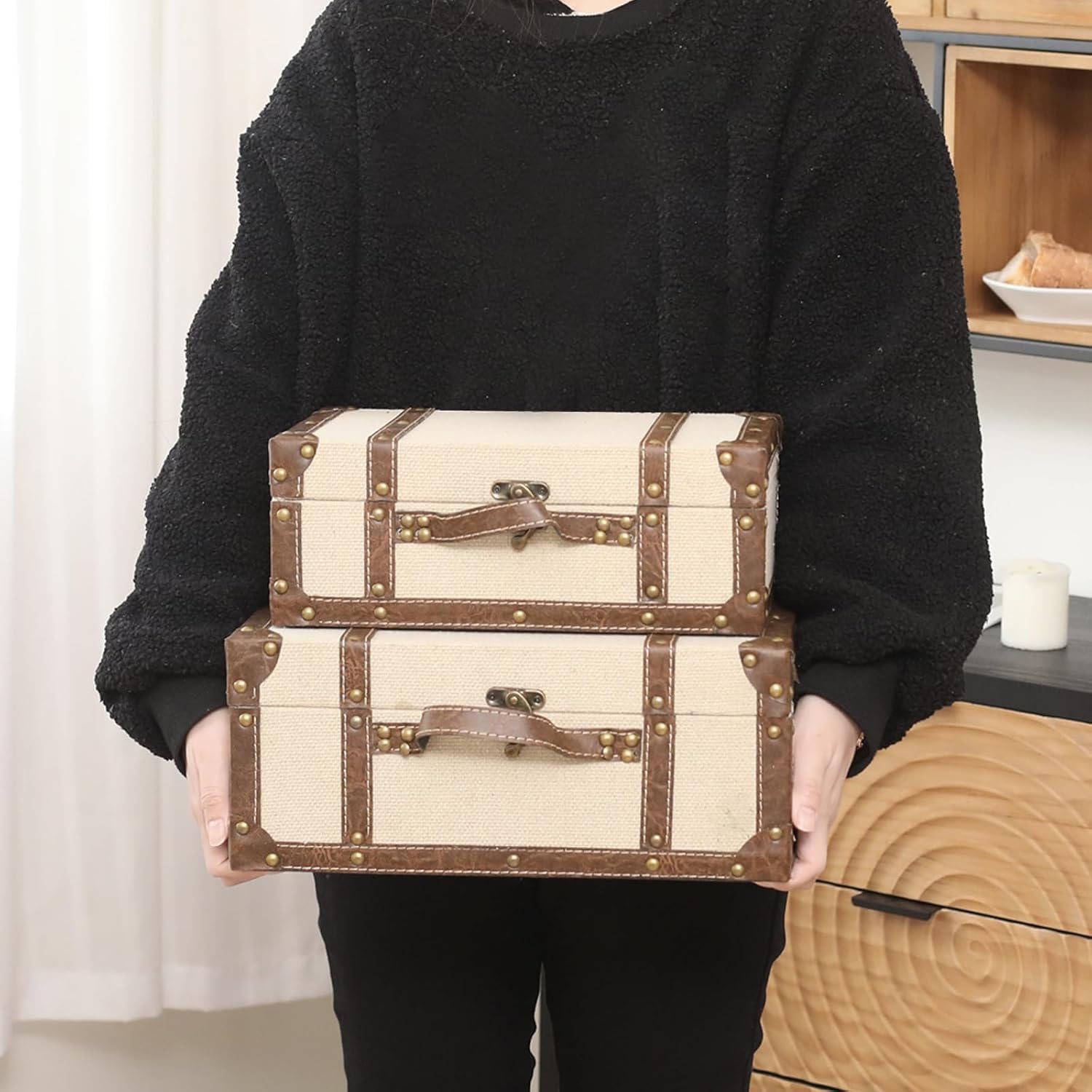 Vintage Suitcase Linen Fabric Covered Decorative Trunk Set of 2 - Antique-Style Wood Chests, Perfect for Weddings and Keepsakes