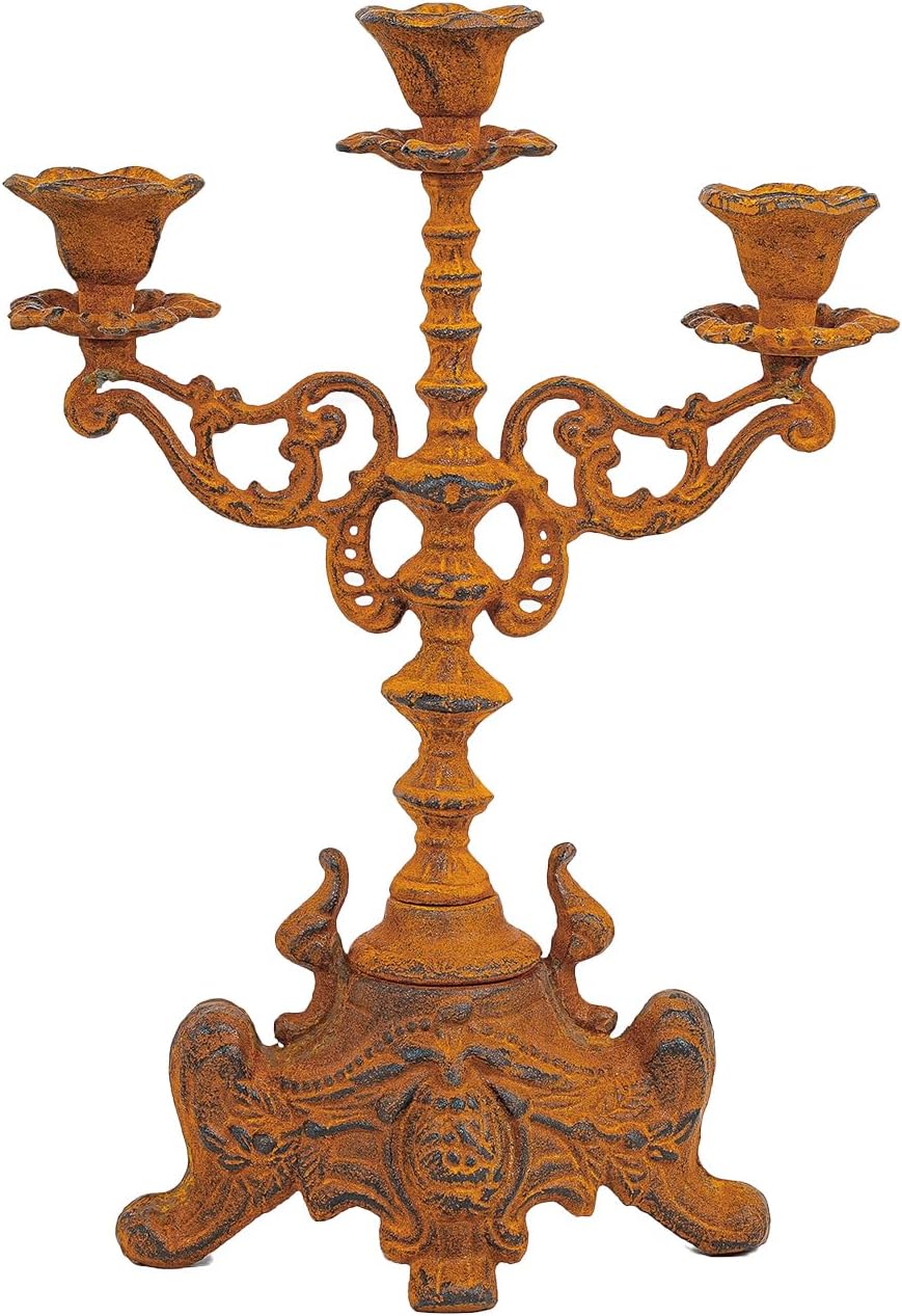 Sungmor Rusty Cast Iron 3 Arm Candelabra, 13" Tall Vintage Candlestick Holder, Decorative Taper Candle Holder, Pretty Centerpiece Candle Stand for Halloween, Christmas, Holiday Décor