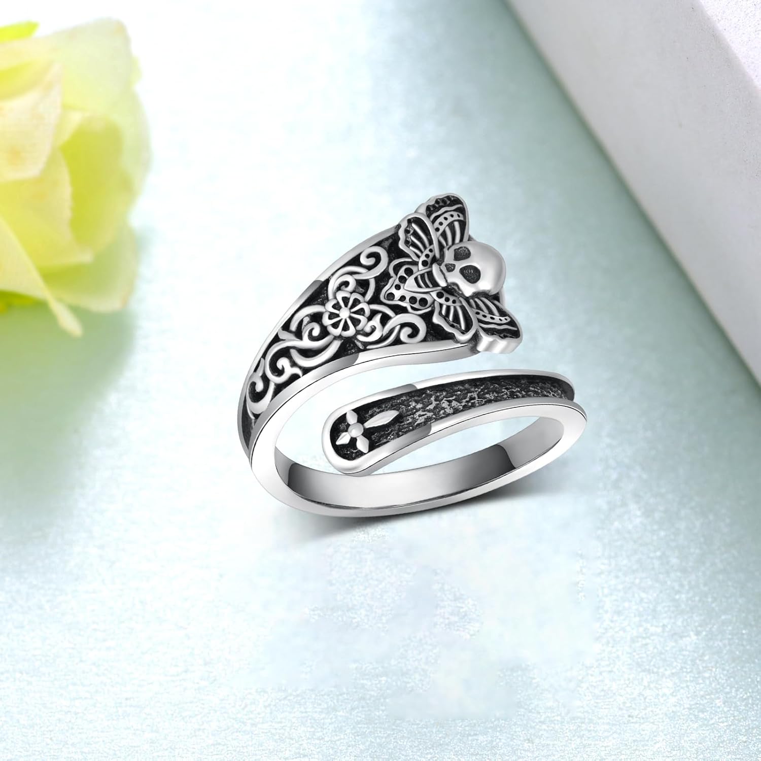 Death Head Moth Skull Spoon Ring - 925 Sterling Silver Gothic Thumb Ring for Women, Oxidized Memento Mori Jewelry