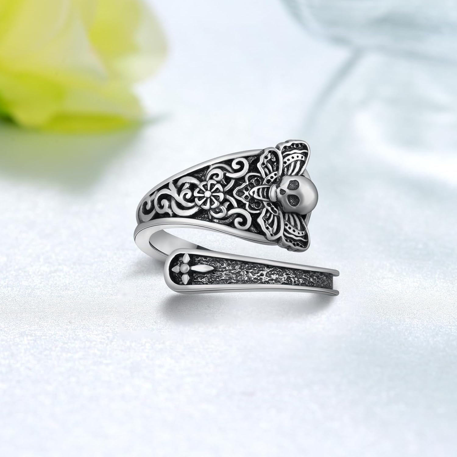 Death Head Moth Skull Spoon Ring - 925 Sterling Silver Gothic Thumb Ring for Women, Oxidized Memento Mori Jewelry