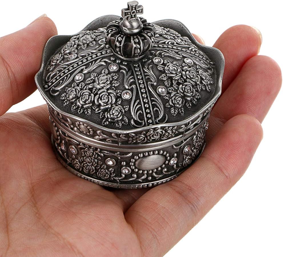 Hipiwe Vintage Jewelry Box, Antique Crown Design Trinket Treasure Chest Storage Organizer,Metal Earrings Necklace Ring Holder Case, Keepsake Gift Box for Women (Small)