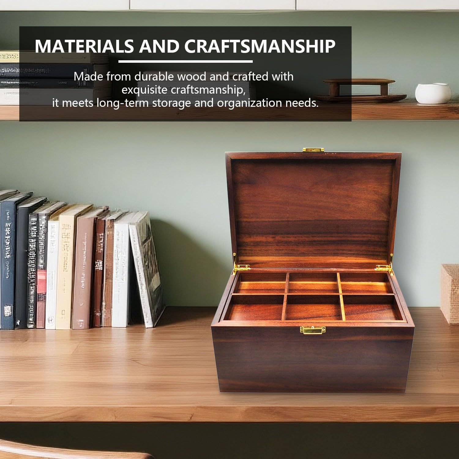 Large Wooden Storage Box with Hinged Lid, Acacia Wood with Adjustable Tray, Wood Keepsake Chest, Perfect for Storing Souvenirs, Jewelry, Tools, Small Accessories, etc, 12" x 8.5" x 6.3", Vintage