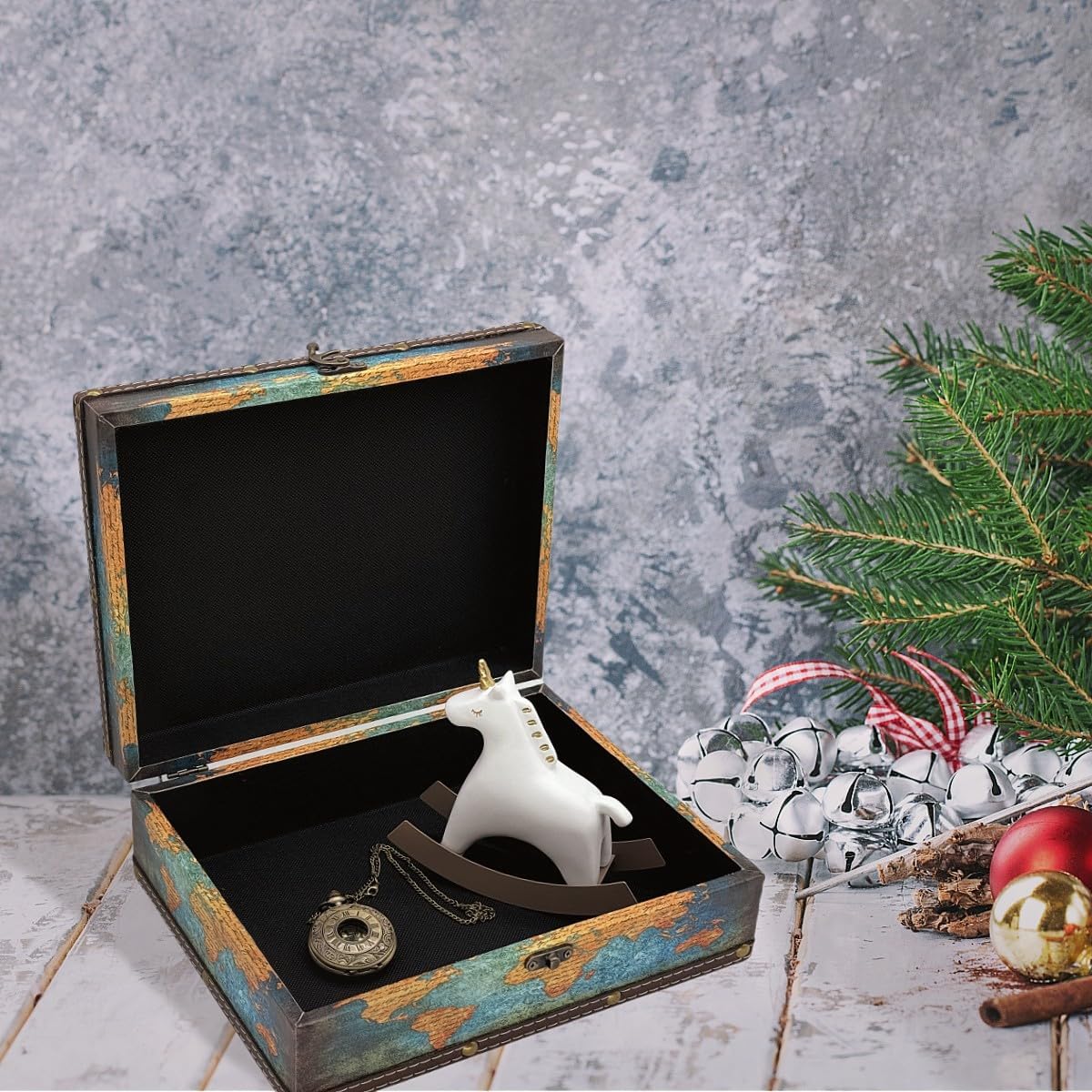 Treasure Box Vintage Wooden + PU Leather Decorative Trinket Jewelry Box Memento Case Box Keepsake Box Gifts For Kids Girls Women Men Home Decor (Map/Green, Medium)