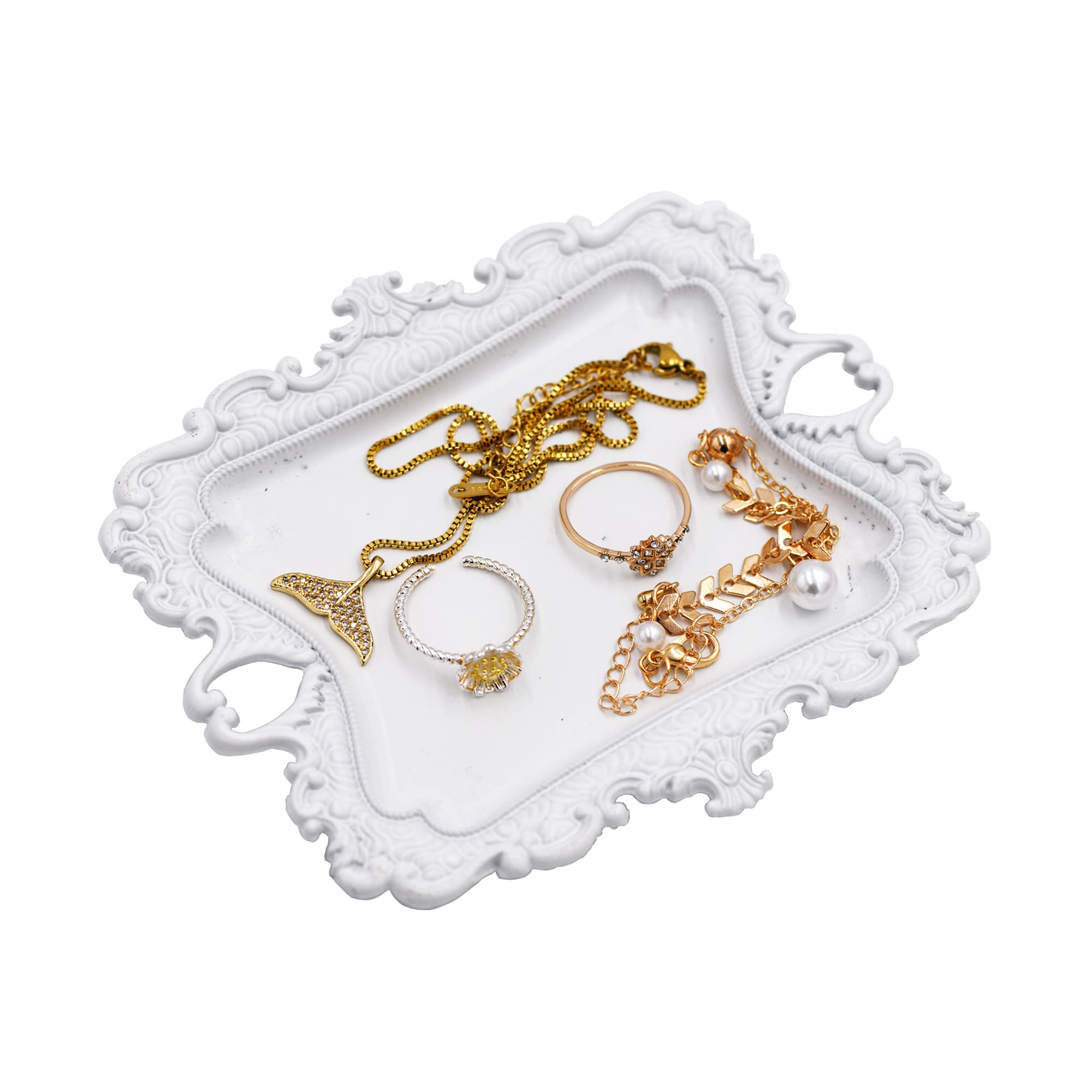 Funly mee Antique Trinket Dish Vintage Jewelry Tray, Wedding Ring & Necklace Holder -8 x 7 inches (Gold, M)