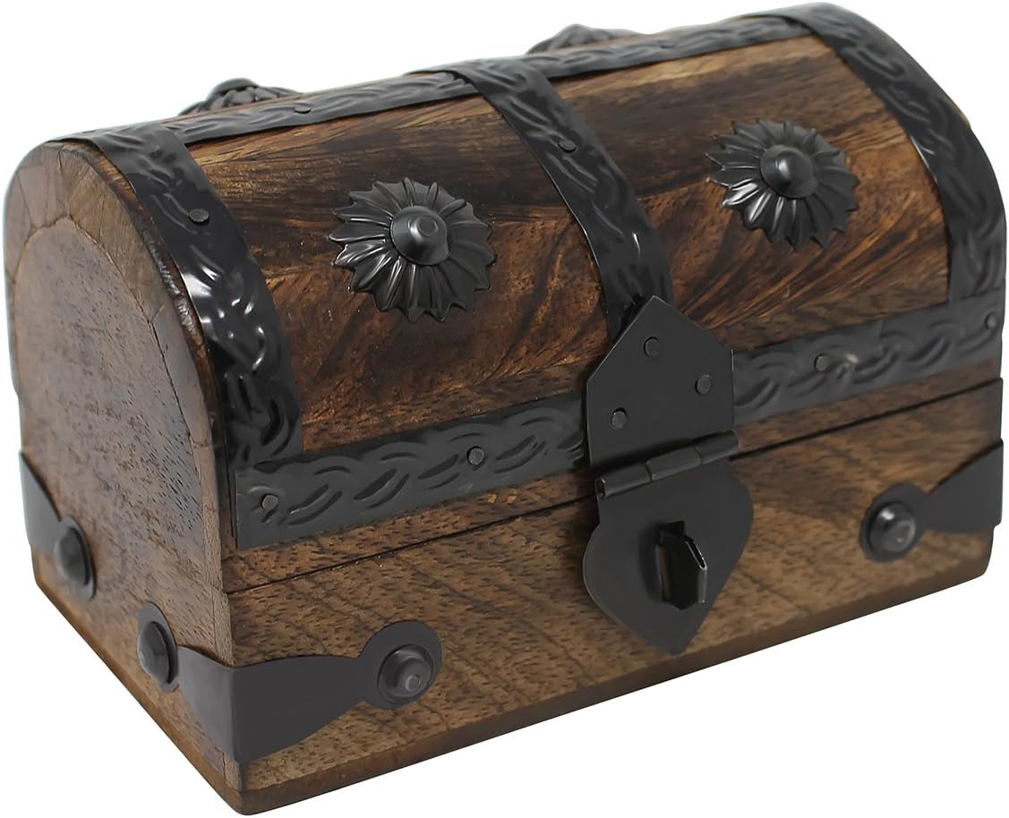 Nautical Cove Treasure Chest Keepsake and Decorative Wood Box (Small 5x3x3.25) - Storage Box, Wooden Box with Hinged Lid, Rustic Storage, Pirate Storage Box, Vintage Wooden Chest
