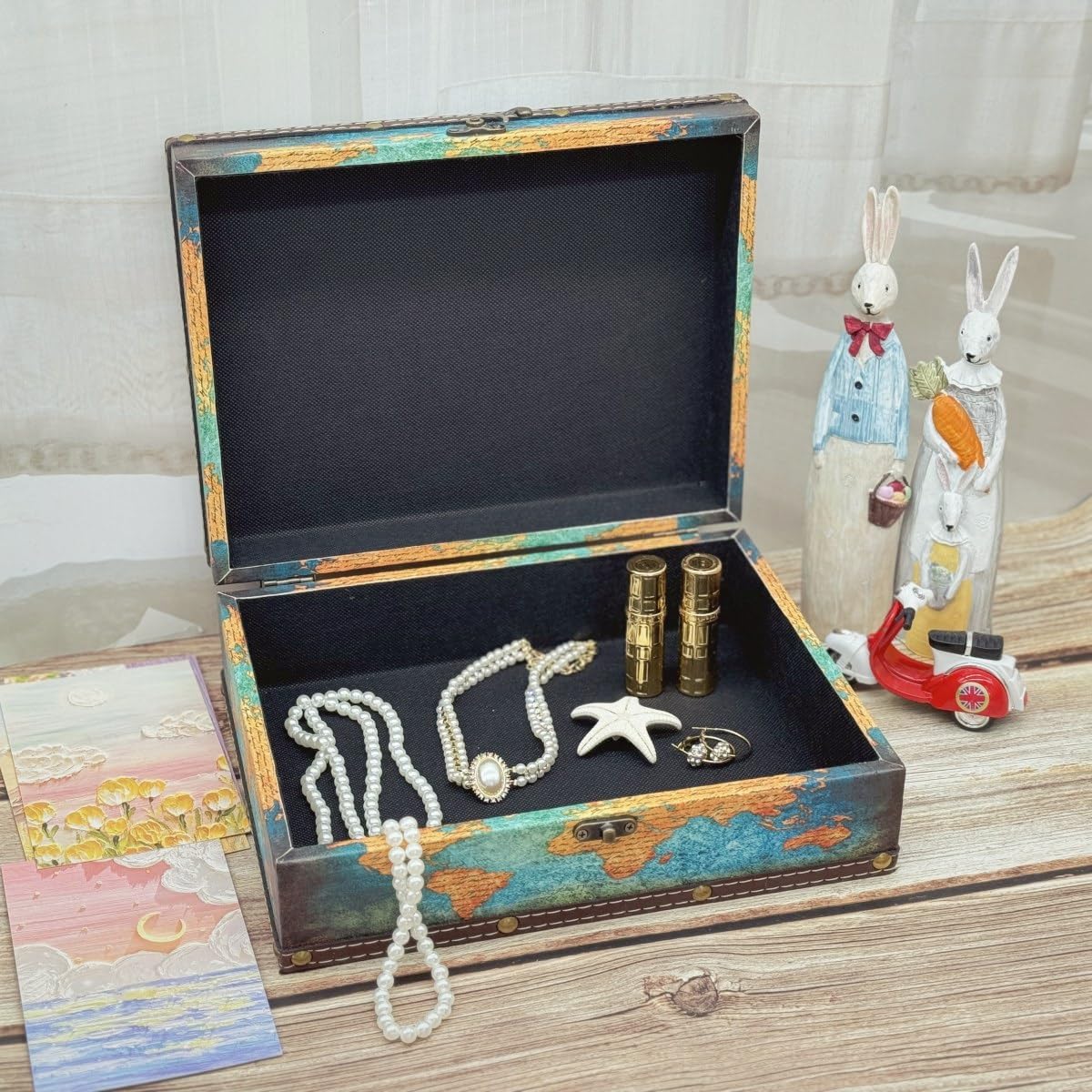 Treasure Box Vintage Wooden + PU Leather Decorative Trinket Jewelry Box Memento Case Box Keepsake Box Gifts For Kids Girls Women Men Home Decor (Map/Green, Medium)