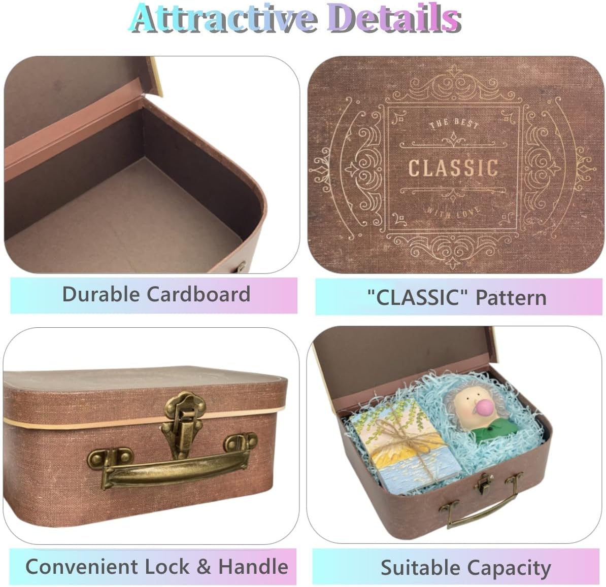 Decorative Box Set of 3 Decorative Storage Boxes with Lids, Vintage Suitcases for Home Decoration, Keepsake Box, Cardboard Suitcase Memento Case Box, Photo Storage Box Hat Box Nesting Gift Box (Brown)