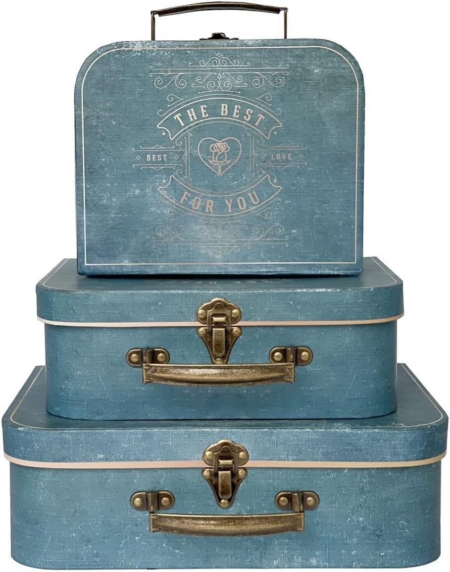 Paperboard Suitcases, Vintage Decorative Box Set of 3 Storage Boxes with Lids, Cardboard SuitcaseS, Memento Box Keepsake Box Photo Storage Box Hat Boxes Home Decoration, Vintage Suitcases (Blue)