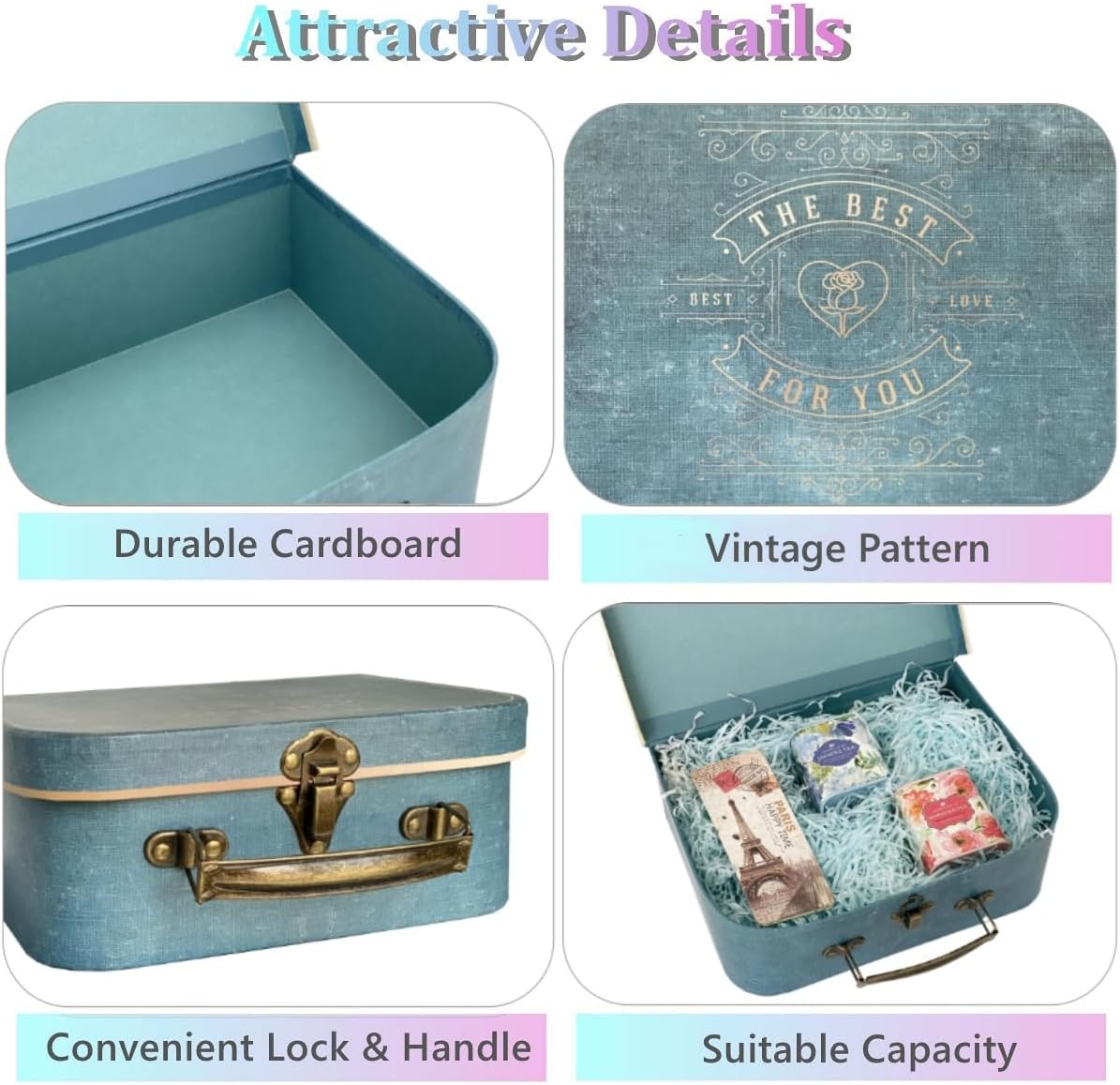 Paperboard Suitcases, Vintage Decorative Box Set of 3 Storage Boxes with Lids, Cardboard SuitcaseS, Memento Box Keepsake Box Photo Storage Box Hat Boxes Home Decoration, Vintage Suitcases (Blue)