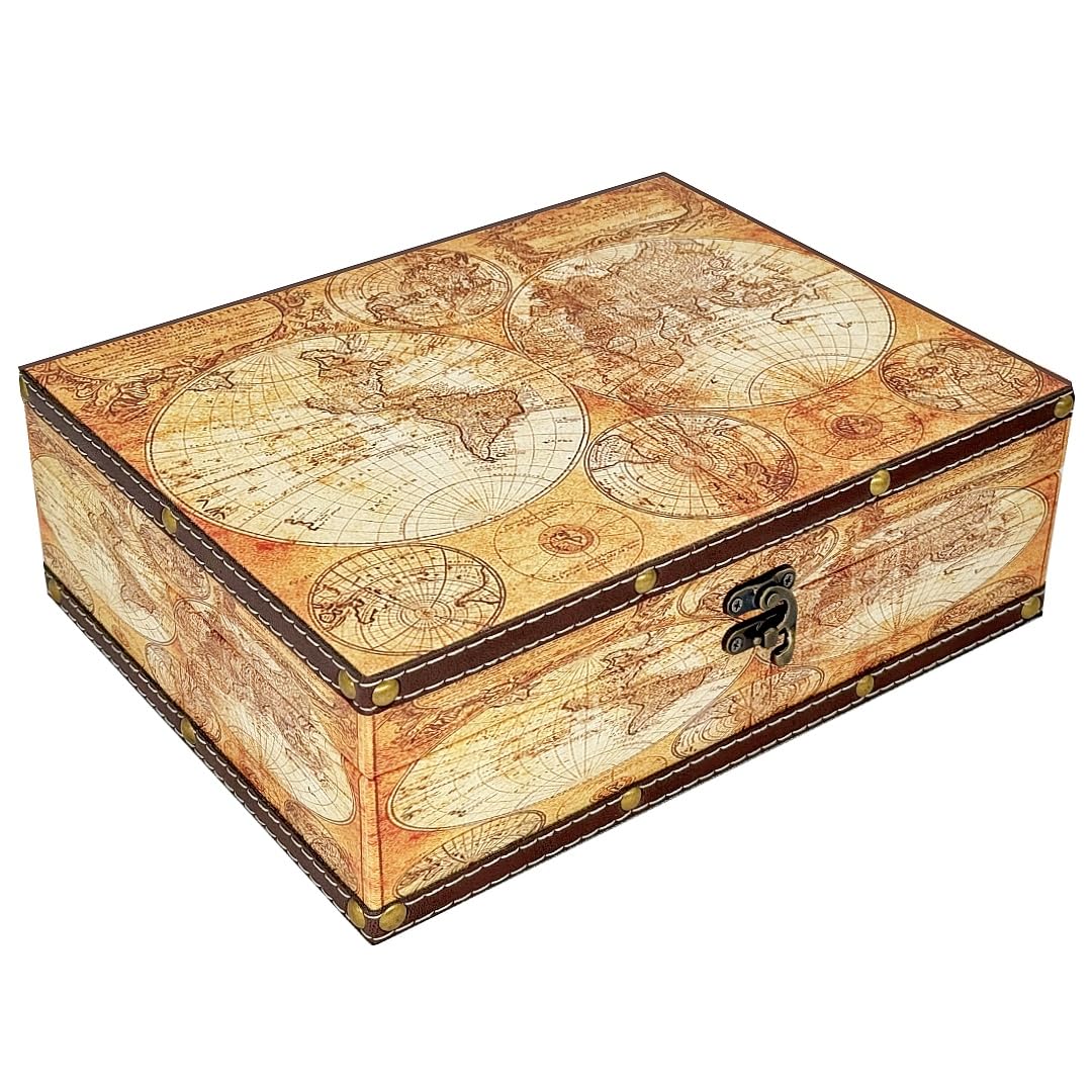 Treasure Box Vintage Wooden + PU Leather Decorative Trinket Jewelry Box Memento Case Box Keepsake Box Gifts For Kids Girls Women Men Home Decor (Map/Green, Medium)