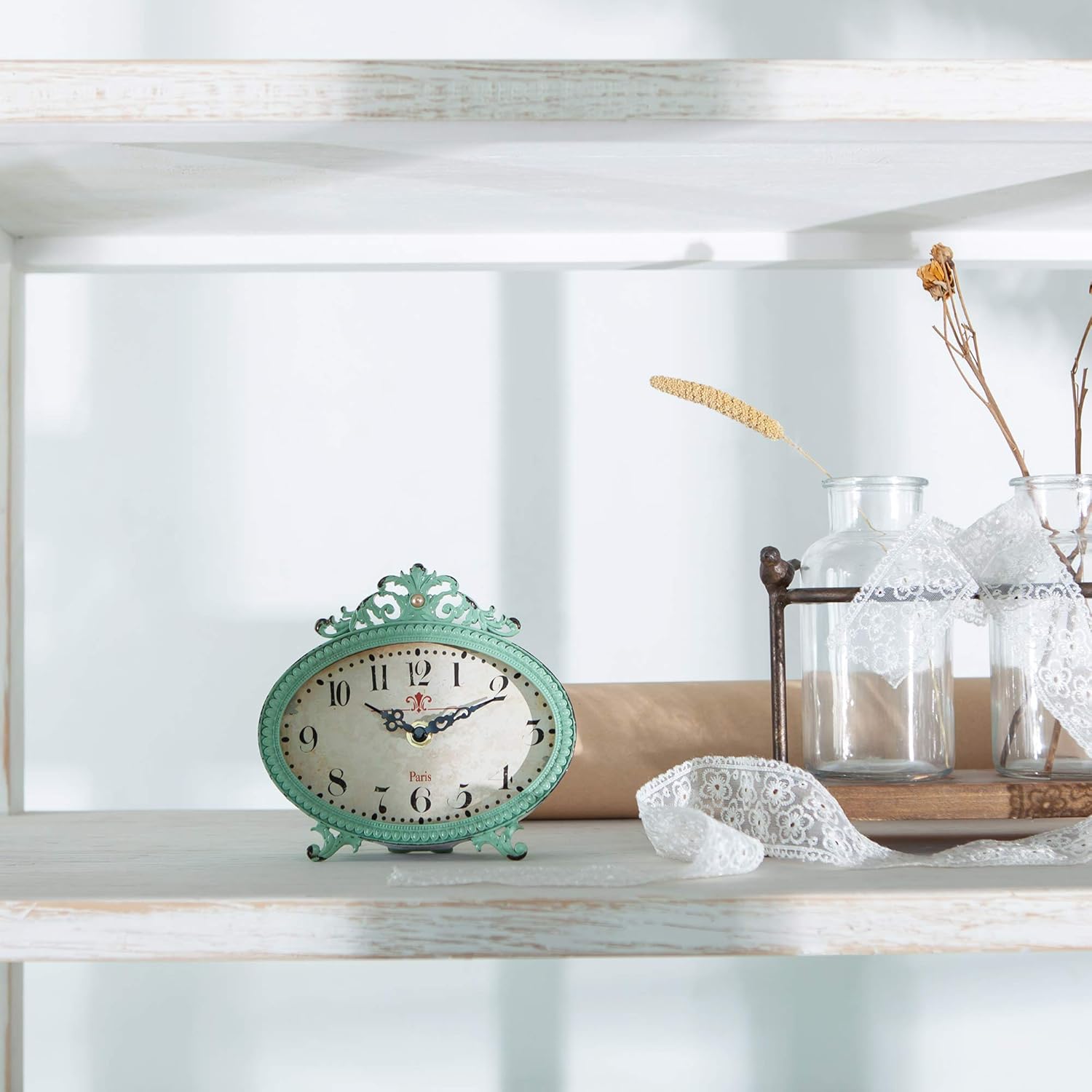 NIKKY HOME Vintage Table Clock, French Turquoise Color Rococo Style Desk Clock Battery Operated Rustic Design, Home Décor for Living Room, Bedroom, Bedside, Desk, Gift Clock - Distressed Green