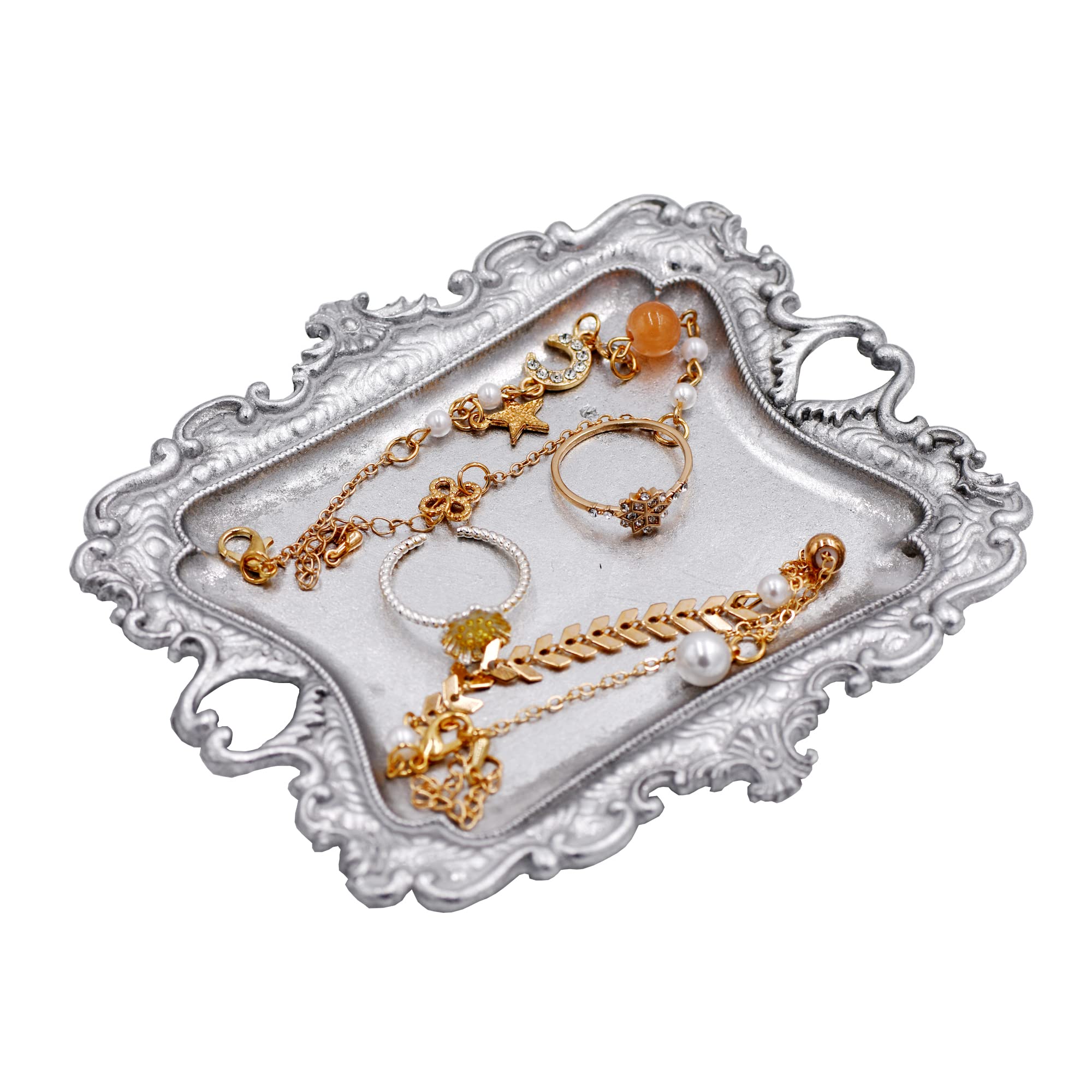 Funly mee Antique Trinket Dish Vintage Jewelry Tray, Wedding Ring & Necklace Holder -8 x 7 inches (Gold, M)