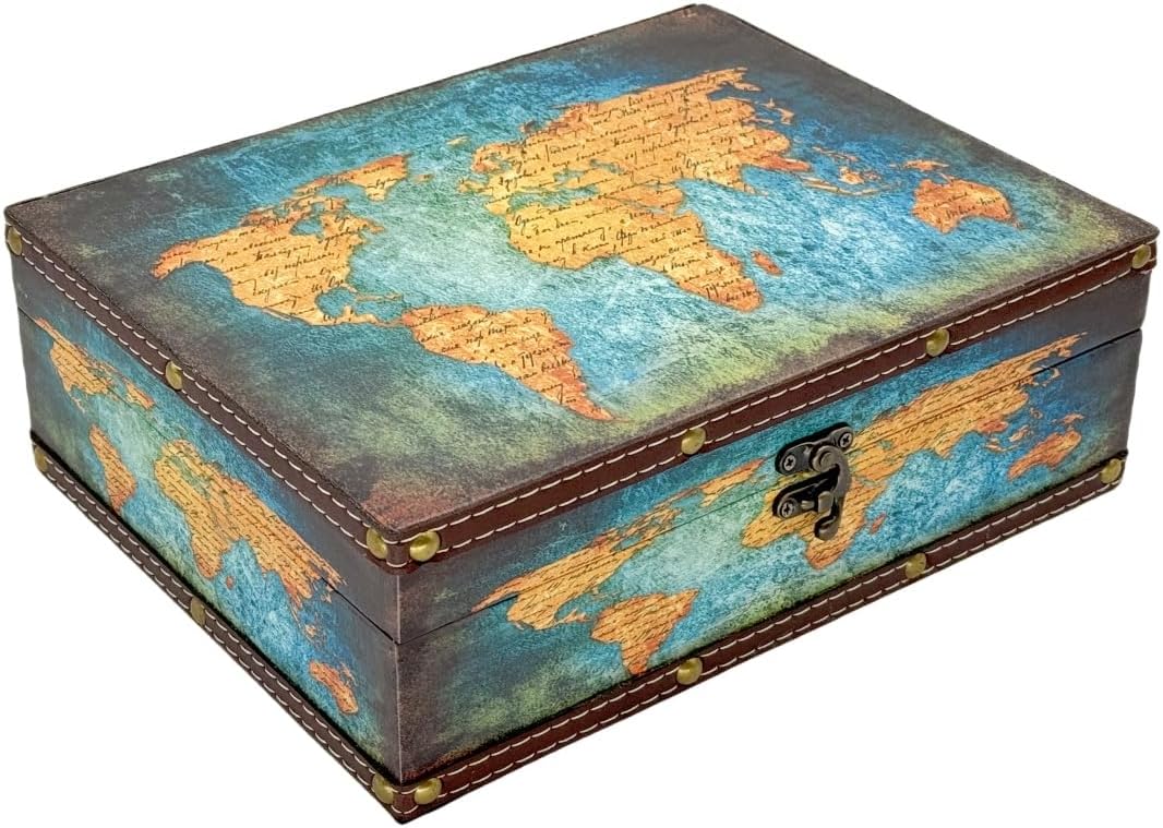 Treasure Box Vintage Wooden + PU Leather Decorative Trinket Jewelry Box Memento Case Box Keepsake Box Gifts For Kids Girls Women Men Home Decor (Map/Green, Medium)