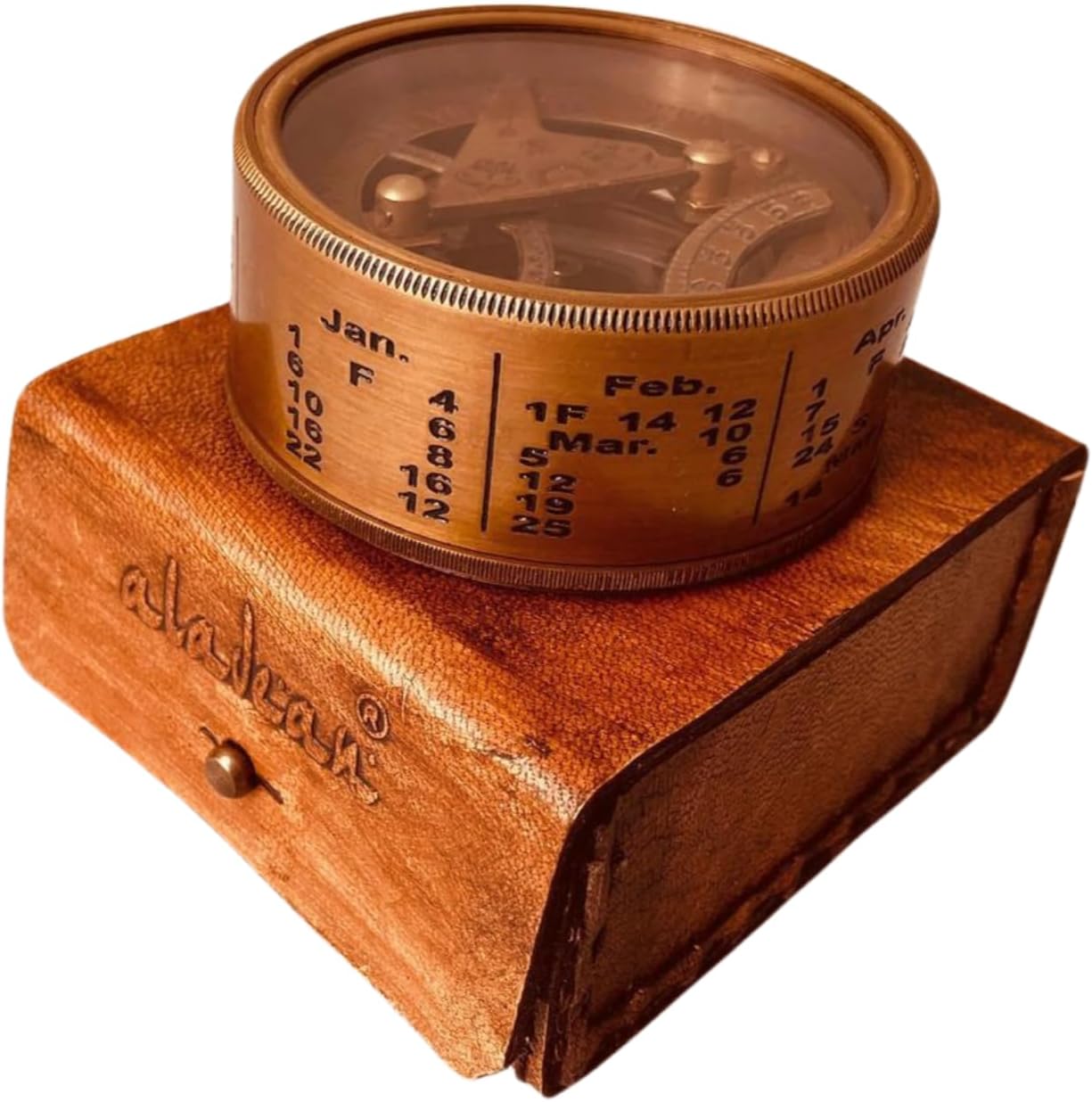 ALADEAN Vintage Brass Sundial Compass Antique Nautical Ship Sundial Clock in Keepsake Leather Gift Box Sun Clock Gift for Men & Women (Drum Sundial 2.75")