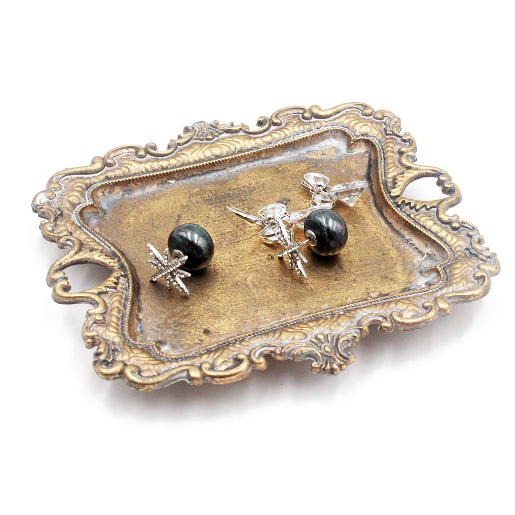 Funly mee Antique Trinket Dish Vintage Jewelry Tray, Wedding Ring & Necklace Holder -8 x 7 inches (Gold, M)