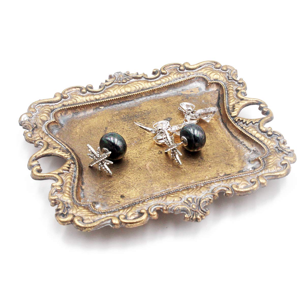Funly mee Antique Trinket Dish Vintage Jewelry Tray, Wedding Ring & Necklace Holder -8 x 7 inches (Gold, M)