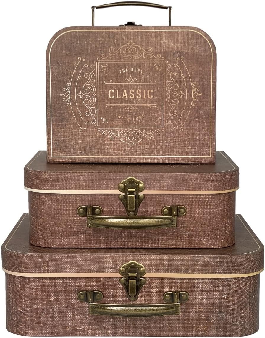 Decorative Box Set of 3 Decorative Storage Boxes with Lids, Vintage Suitcases for Home Decoration, Keepsake Box, Cardboard Suitcase Memento Case Box, Photo Storage Box Hat Box Nesting Gift Box (Brown)
