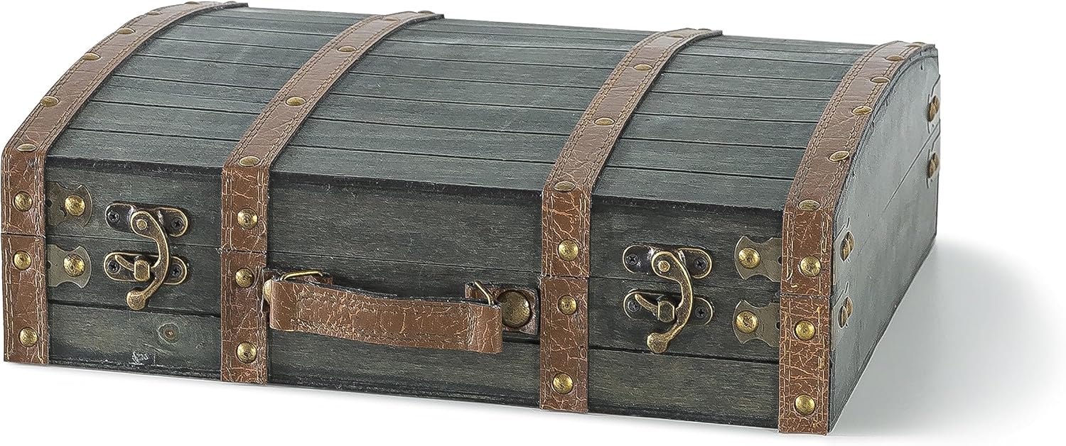Soul & Lane Amelia Decorative Vintage Suitcase - 14.2" x 11.8" x 4.3", Wooden Briefcase for Keepsakes, Antique Wood Travel Trunk for Storage and Home Décor, Memory Chest with Hinged Lid