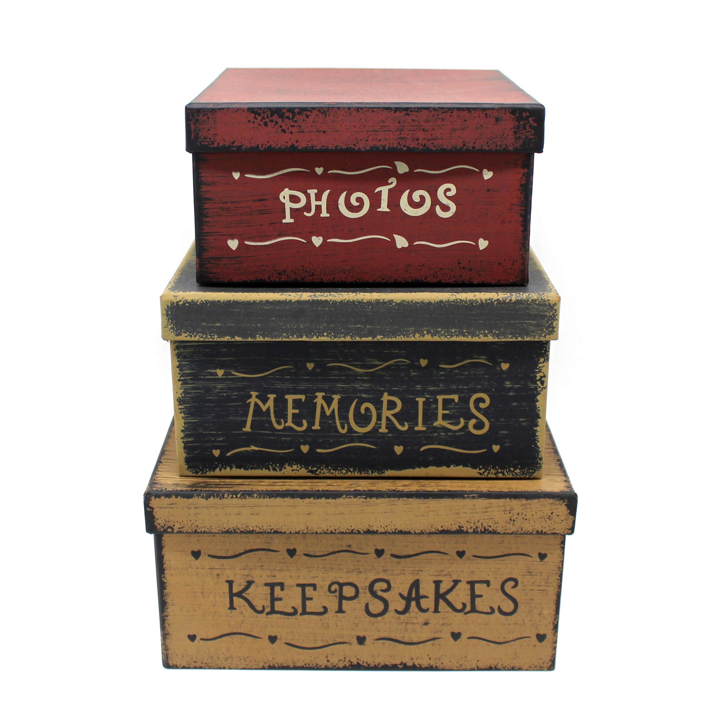 CVHOMEDECO. Primitive Vintage Rectangular Photos, Memories, Keepsakes Cardboard Nesting Boxes, Large 12 X 9 X 5-1/2 Inch. Set of 3.