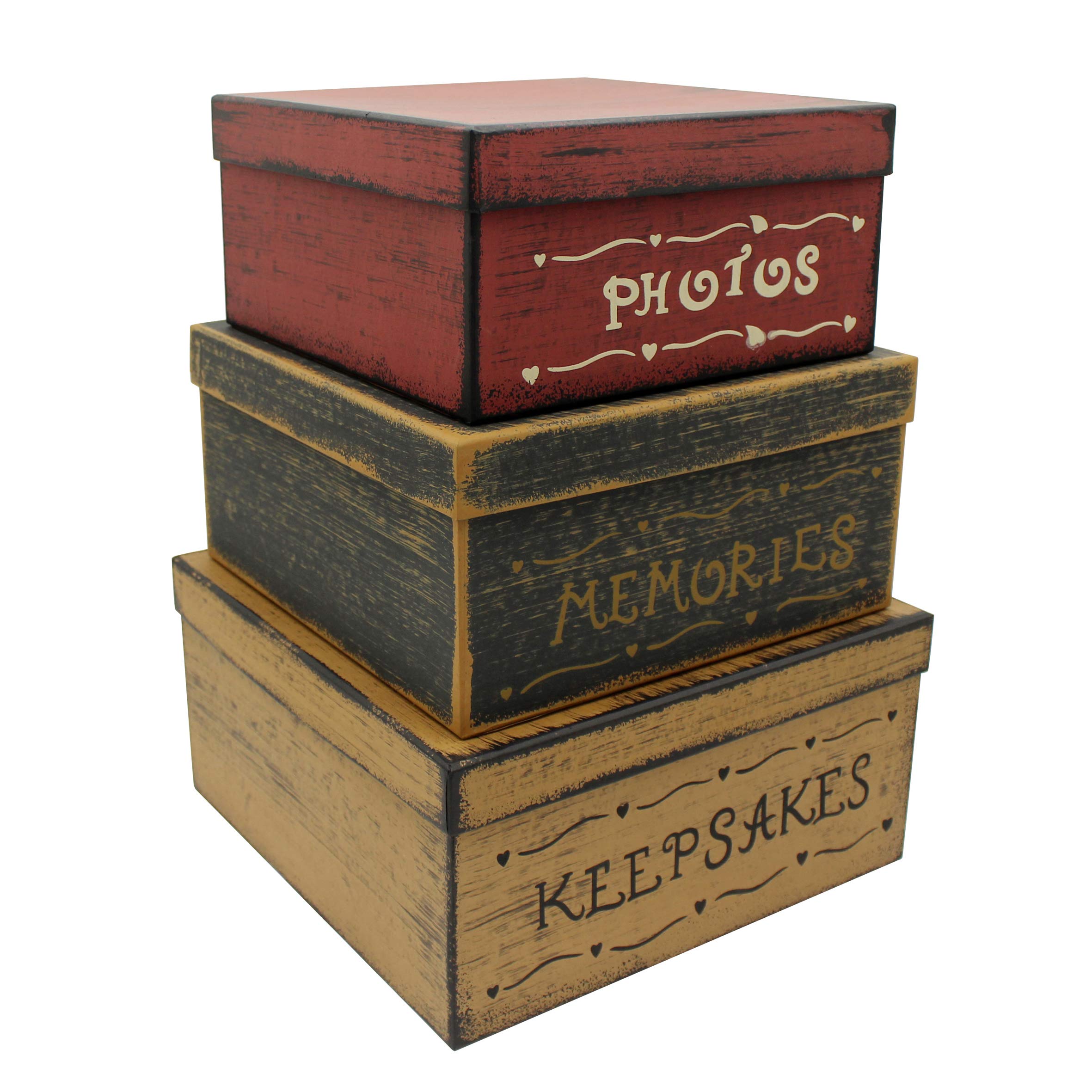 CVHOMEDECO. Primitive Vintage Rectangular Photos, Memories, Keepsakes Cardboard Nesting Boxes, Large 12 X 9 X 5-1/2 Inch. Set of 3.